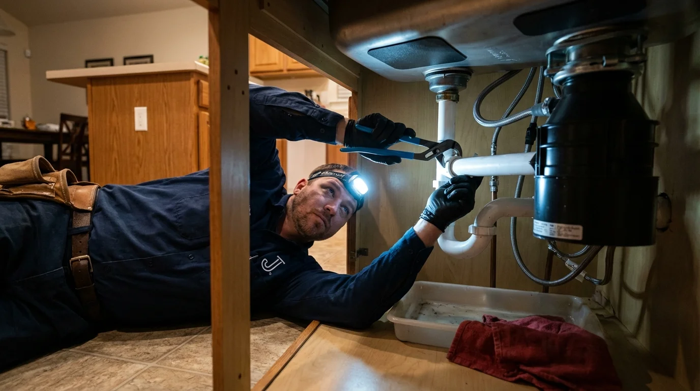 P-trap and supply line connections under a kitchen sink showing a common leak point in Las Vegas, NV